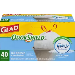 Glad OdorShield Tall Kitchen Drawstring Bags Fresh Clean 13 Gal White 80/Box