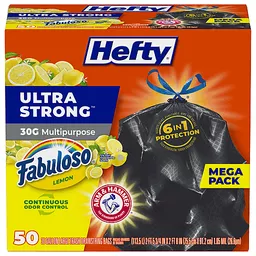 Hefty Trash Bags, Drawstring, Large, Fabuloso Lemon, 33 Gallon, Mega Pack  50 Ea