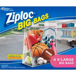 Ziploc® Big Bags, X-Large, Secure Double Zipper, 4 CT, Expandable Bottom,  Heavy-Duty Plastic, Built-In Handles, Flexible Shape to Fit Where Storage  Boxes Can't, Plastic Bags