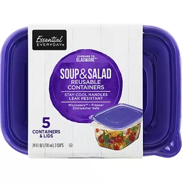 Essential Everyday Soup & Salad 24 Fluid Ounce Reusable Containers 5 ea, Plastic Bags