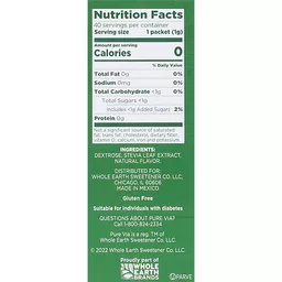 Carbs in PureVia Pure Via Stevia Zero calorie Sweetener