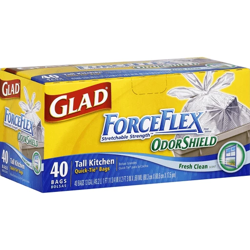 Glad ForceFlex Odor Shield Tall Kitchen Bags, Quick-Tie, Fresh Clean Scent, 13  Gallon, Paper & Plastic