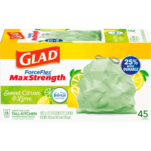 Glad® ForceFlex MaxStrength Tall Kitchen Drawstring Trash Bags, 13 Gallon,  Sweet Citron Lime with Febreze Freshness, 45 Count, Shop