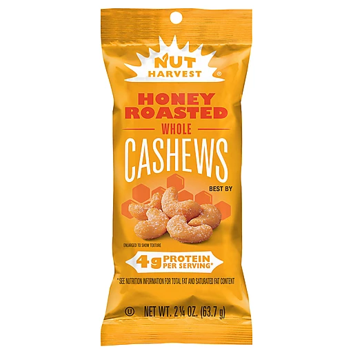 Nut Harvest Cashews, Honey Roasted, Whole 2.25 Oz, Mixed Nuts