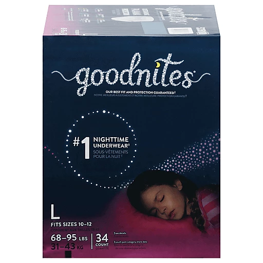 GoodNites Underwear, Nighttime, L (68-95 lbs), Girls 34 ea