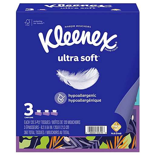 Kleenex Ultra Soft Facial Tissues, Soft Facial Tissue, 3 Flat Boxes, 120 Tissues Per 3 Ply (360 Tissues) | Tissue | Family Fare