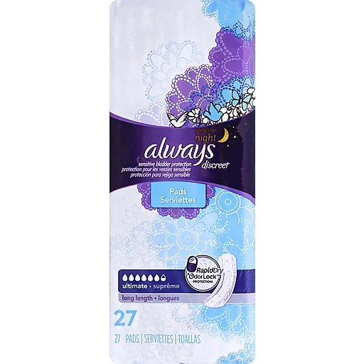 Always Discreet, Incontinence Pads, Ultimate Overnight, Long Length, 27  Count, Feminine Care
