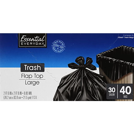 Essential Everyday Trash Bags Flap Top Large Clear 30 Gallon, Trash Bags