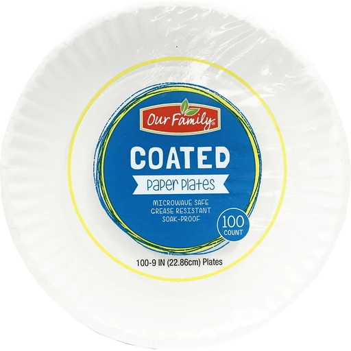 White Coated Paper Dinner Plates (9 Inch) Our Family, Plates, Bowls & Cups