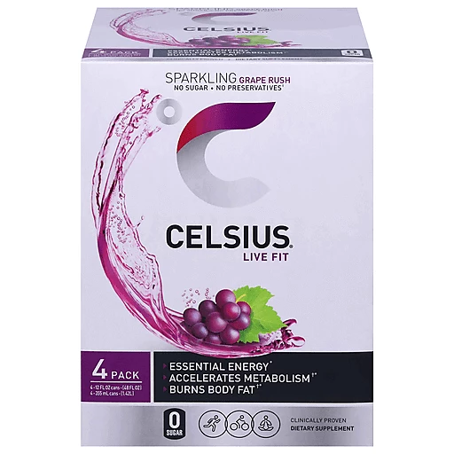 Celsius Energy Drink, Grape Rush, Sparkling, 4 Pack 4 ea