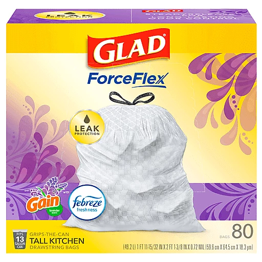 Glad Drawstring Bags, Gain Lavender Scent, Tall Kitchen, 13 Gallon 80 Ea, Household