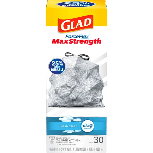 Glad® ForceFlex MaxStrength X-Large Kitchen Drawstring Trash Bags, 20  Gallon, Fresh Clean Scent with Febreze Freshness, 30 Count