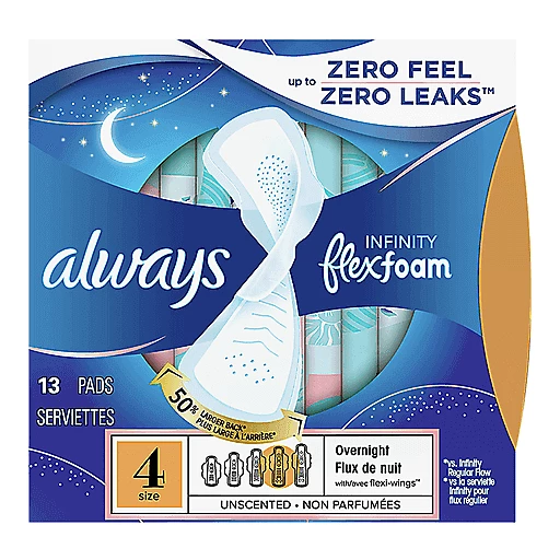 Always Pads, Infinity FlexFoam, Overnight with Flexi-Wings, Unscented, Size  4 13 ea, Feminine Care