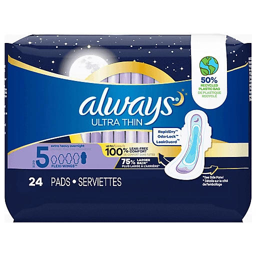 Always Pads, Ultra Thin, Flexi-Wings, Extra-Heavy Overnight, Size 5 24 ea, Shop