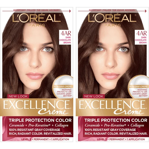 L'Oreal Paris Excellence Créme Permanent Triple Protection Hair Color, 4AR  Dark Chocolate Brown, 2 count | Shop | Food Country USA