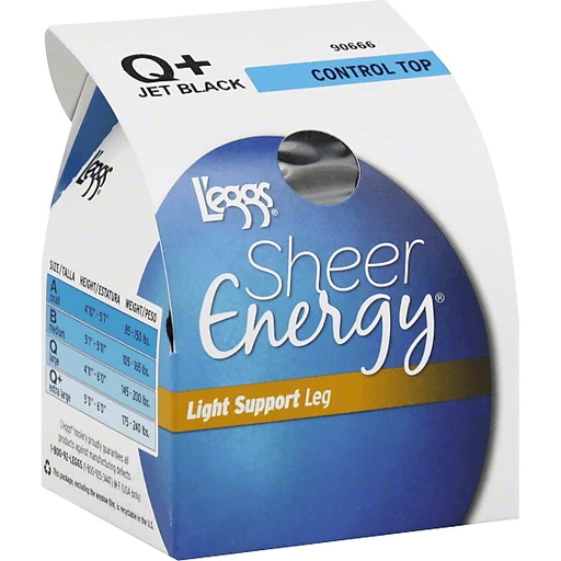 Leggs Sheer Energy Pantyhose, Light Support Leg, Control Top, Sheer Toe,  Q+, Jet Black, Personal Care