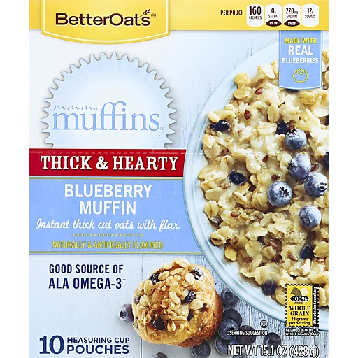 Better Oats® Thick & Hearty Blueberry Muffin Instant Oatmeal with Flax  Seeds 10 ct Pouches, Oatmeal & Hot Cereal